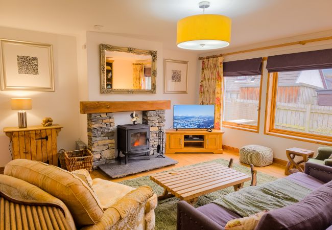 Lounge in an Aviemore lodge with log burner and smart tv