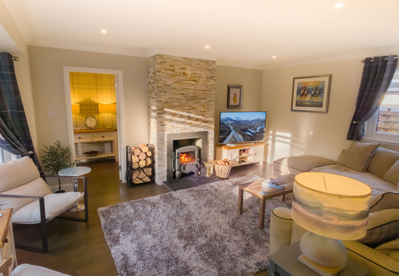 Family friendly living room with stone fireplace and log burner.