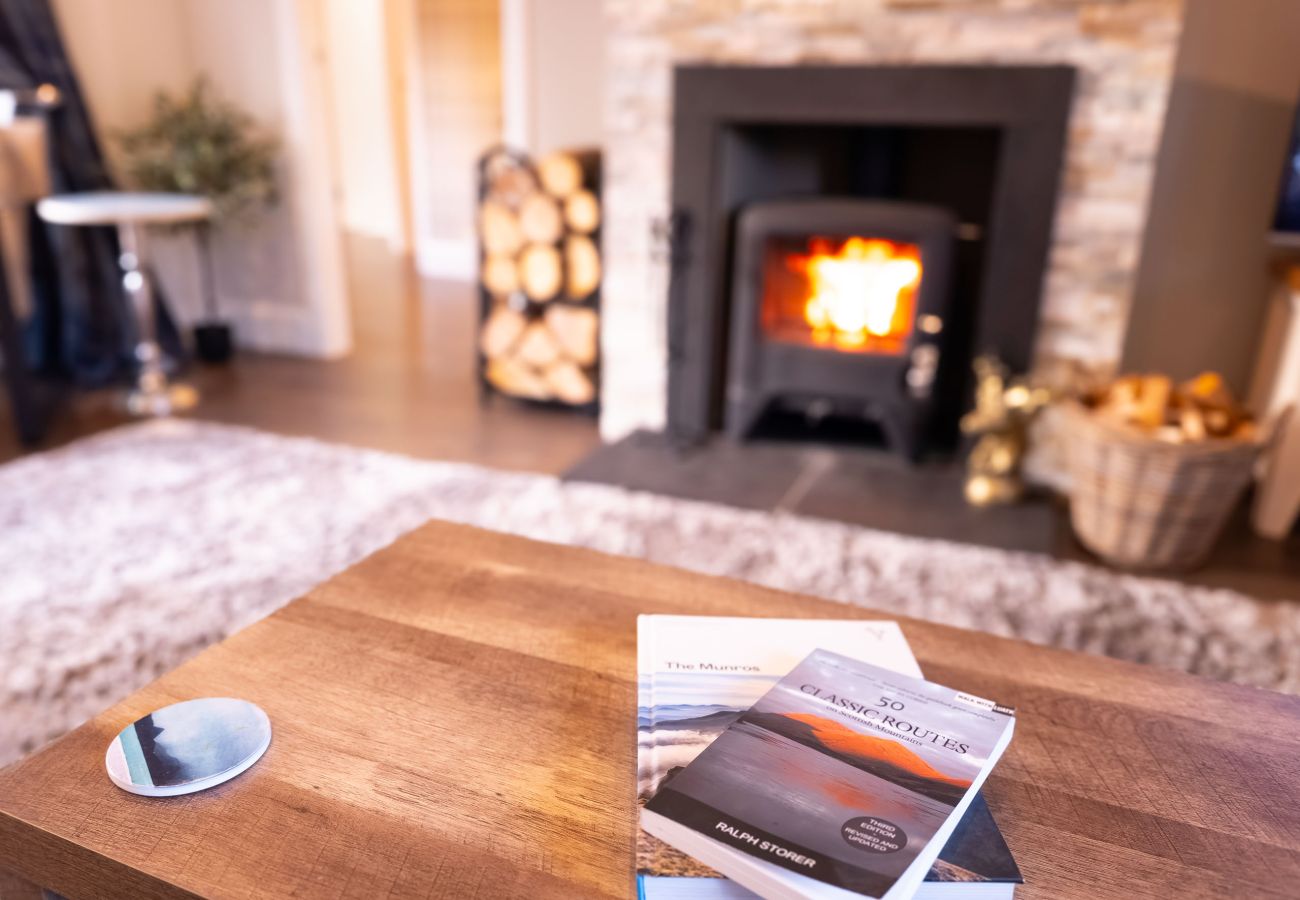 Crackling log fire in a stone fireplace ready for a cosy night.