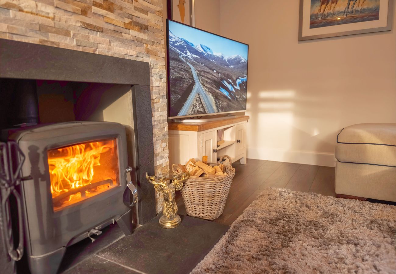 Crackling log fire in a stone fireplace ready for a cosy night.