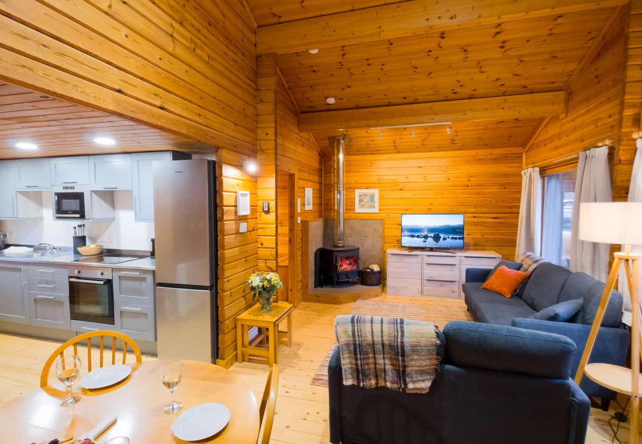 Pine clad living area with high ceilings at Tormore Cabin