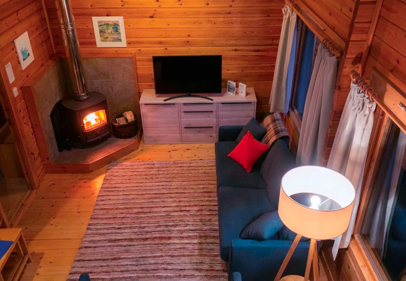 Cosy fire and living space at Tormore cabin - perfect place to unwind
