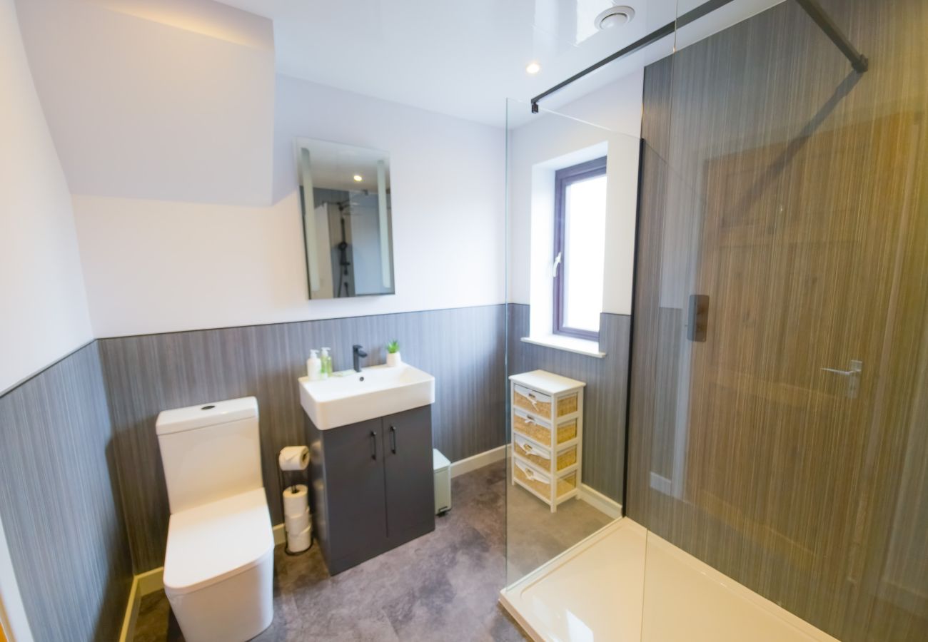 Modern bathroom with walk-in shower, WC and sink vanity unit at Lynemore Croft