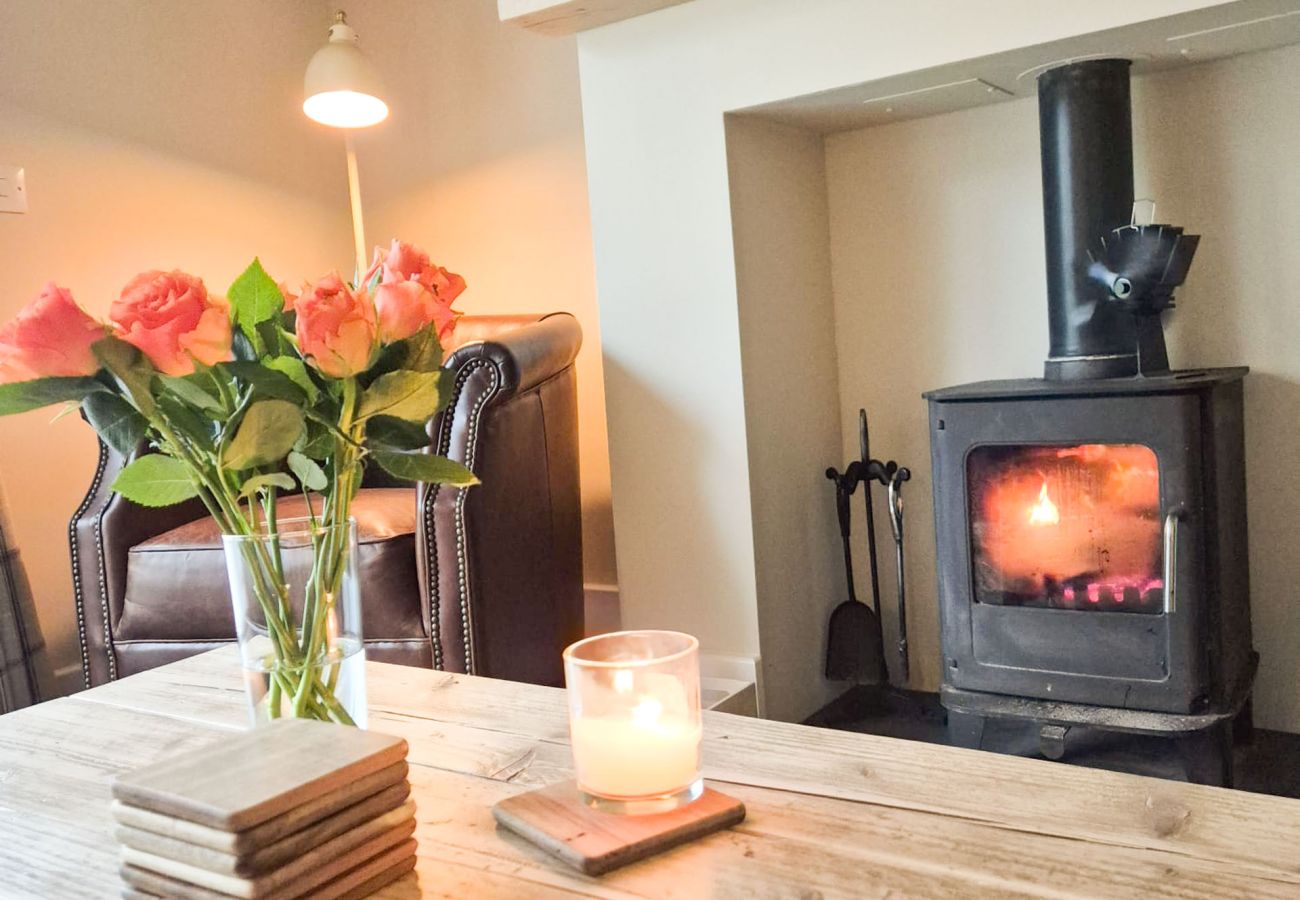 Close-up of log burner fireplace at Betty's Cottage, Scottish Highlands self-catering