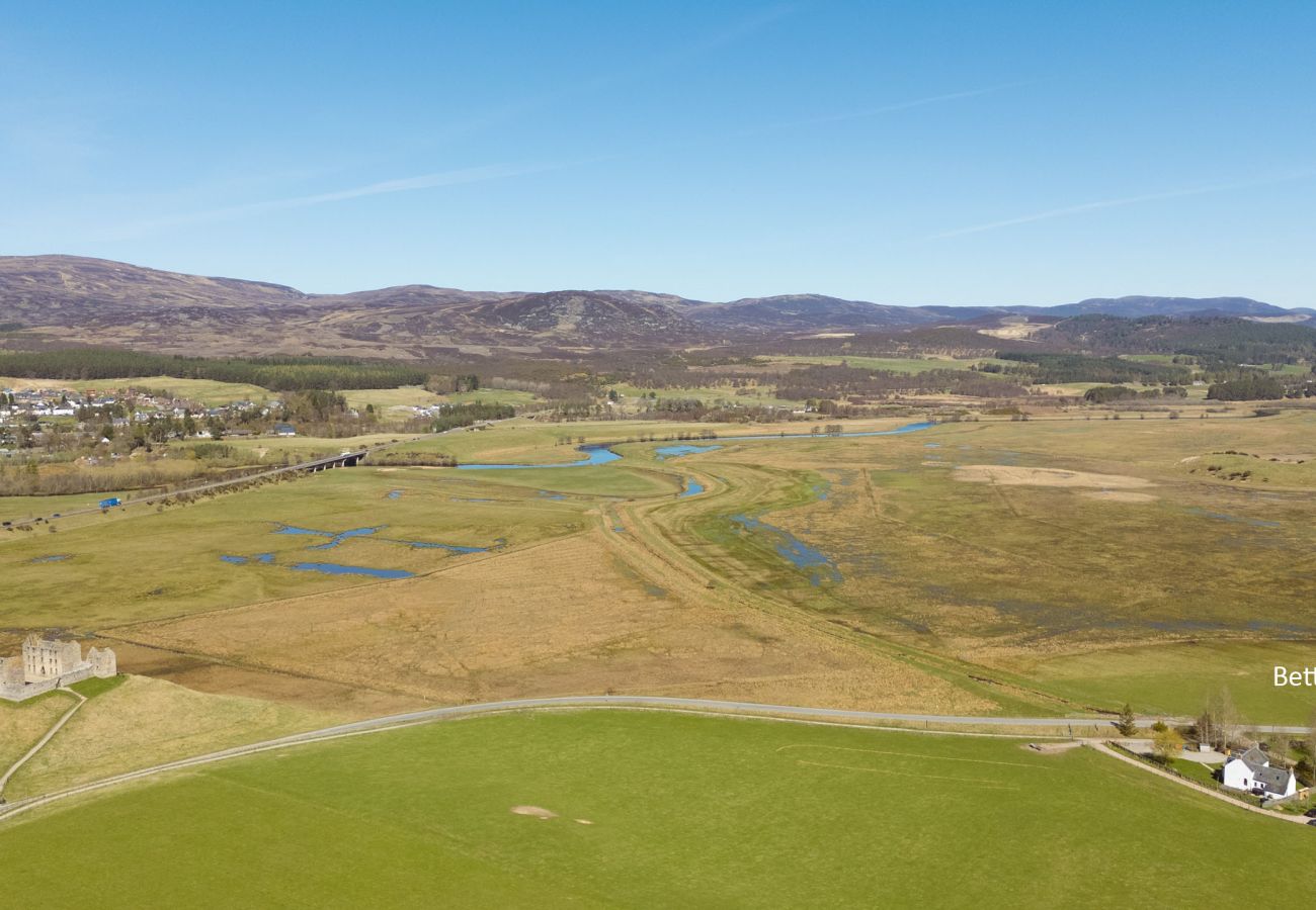 Aerial view of Betty's Cottage location beside Ruthven Barracks, Scottish Highlands