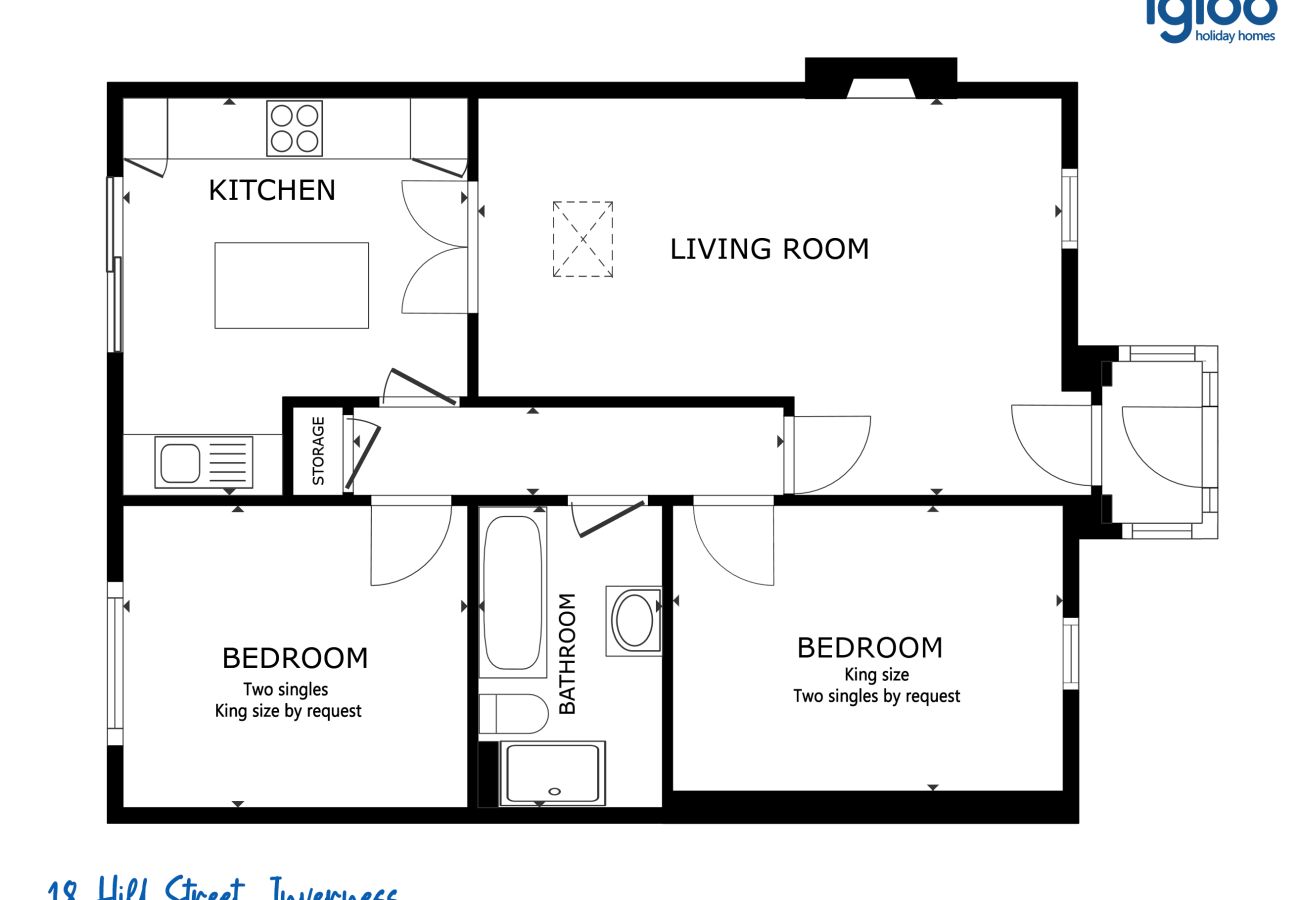 Floor plan of 18 Hill Street Inverness 2-bedroom holiday flat showing kitchen, living room and bedrooms