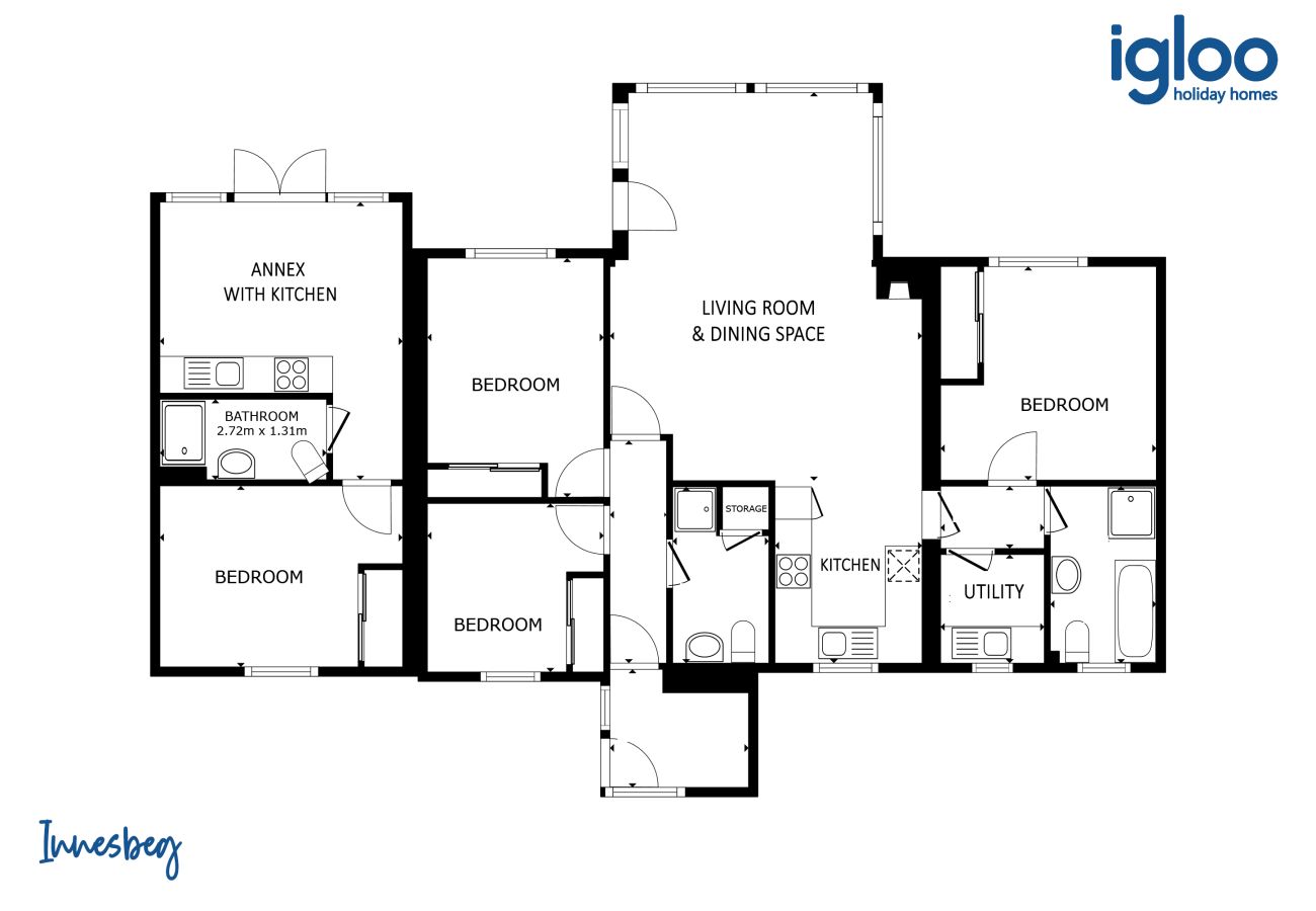 Floor plan of Innesbeg showing living and dining room, kitchen, utility, three bedrooms and an annex with kitchen