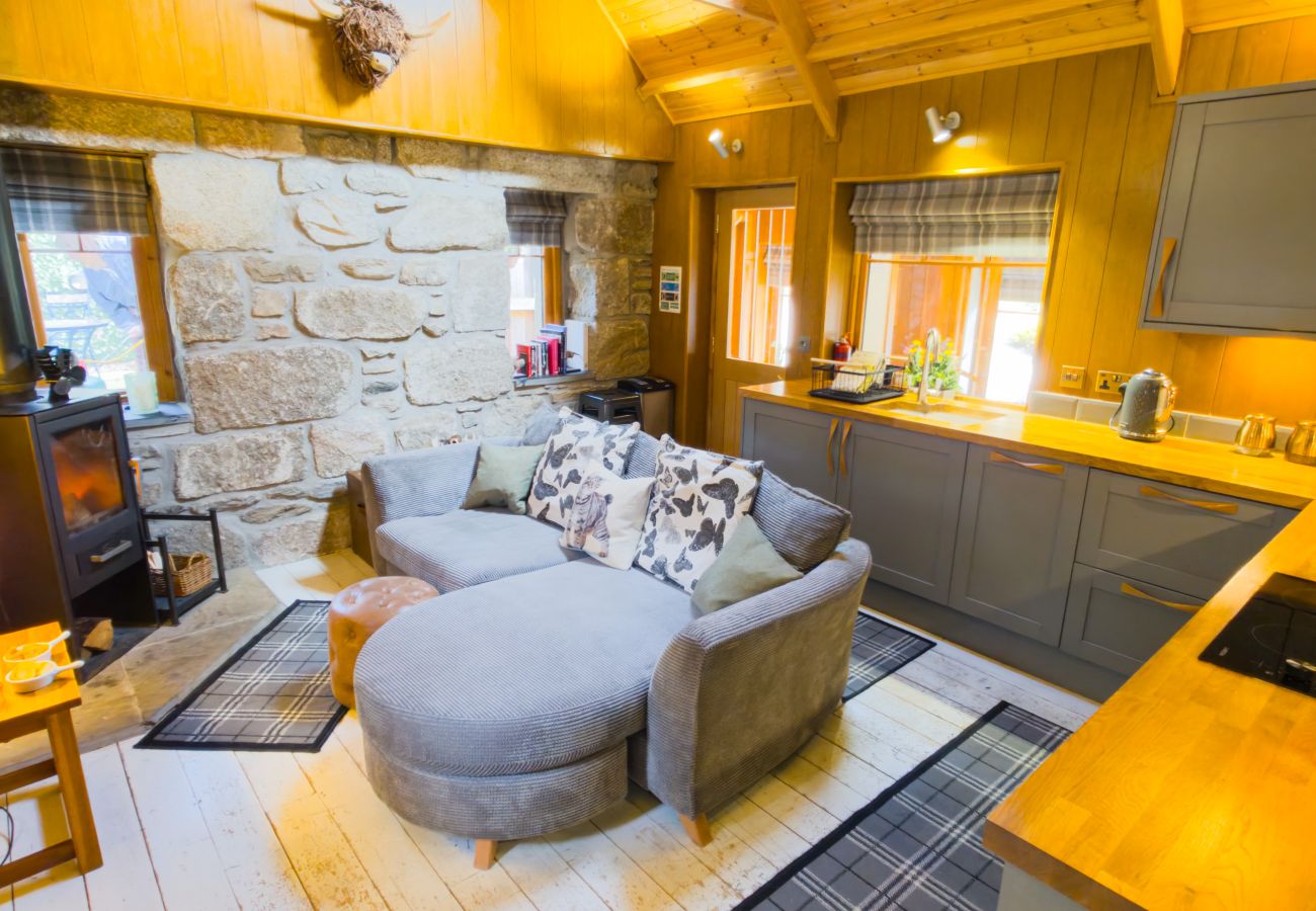 Open-plan living room with curved sofa, stone wall and wood burner at Wildcat Lodge near Boat of Garten