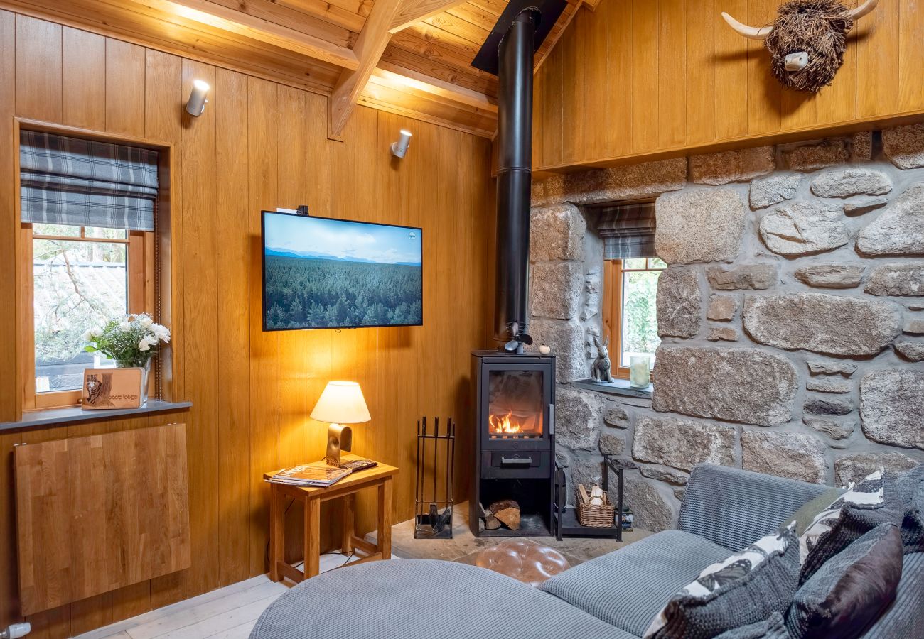 Sofa and lit log burner beneath a vaulted timber ceiling in the living room at Wildcat Lodge, Cairngorms