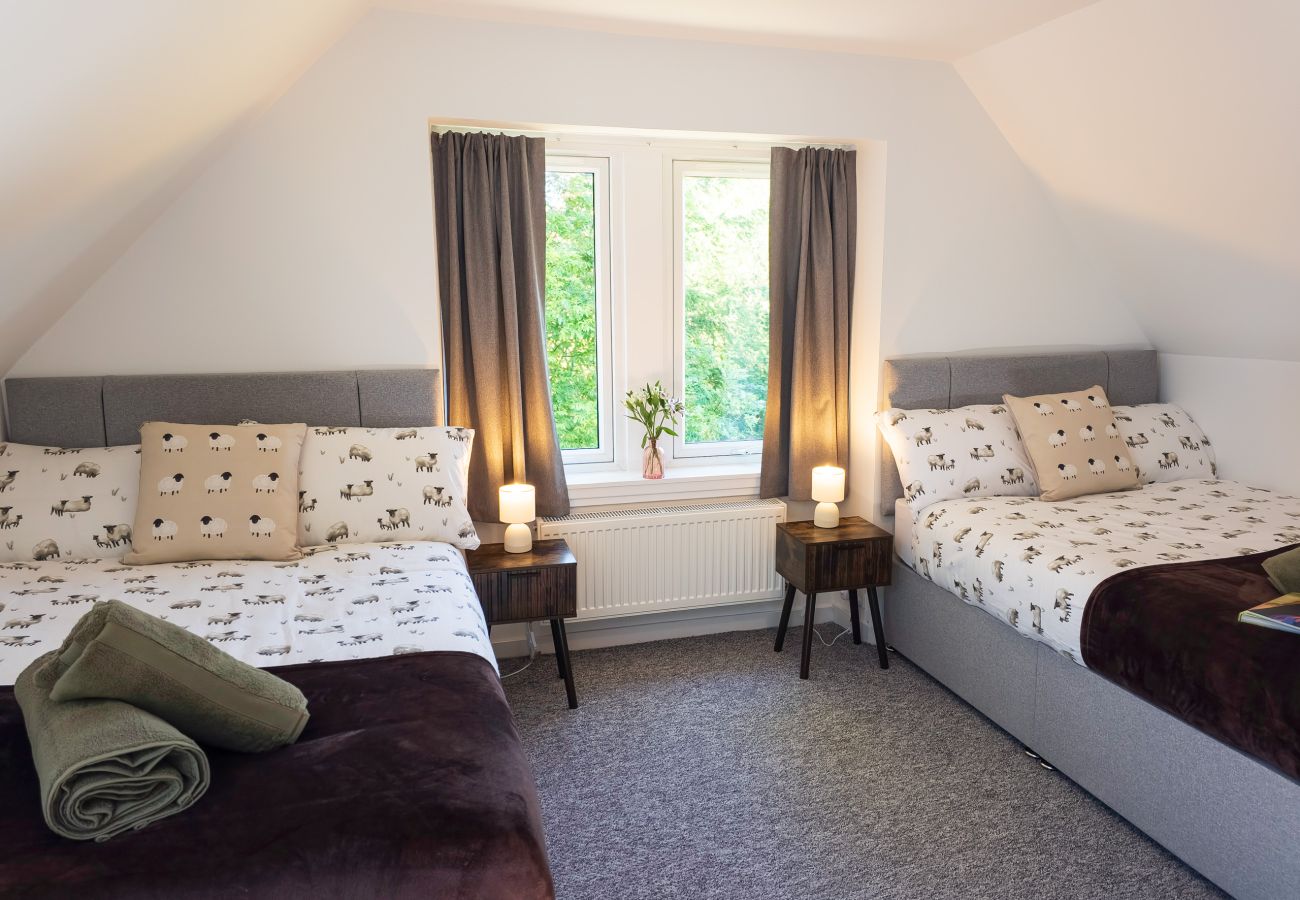 Twin bedroom with two single beds in sheep-print bedding, bedside lamps and a window overlooking trees
